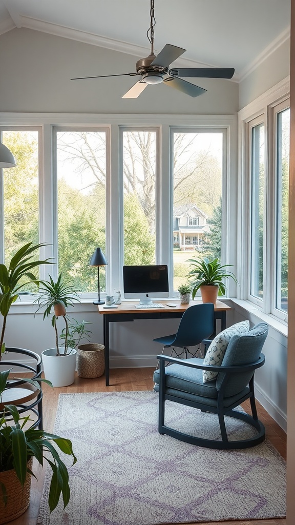 A bright and inviting sunroom workspace with a desk, computer, and plants.