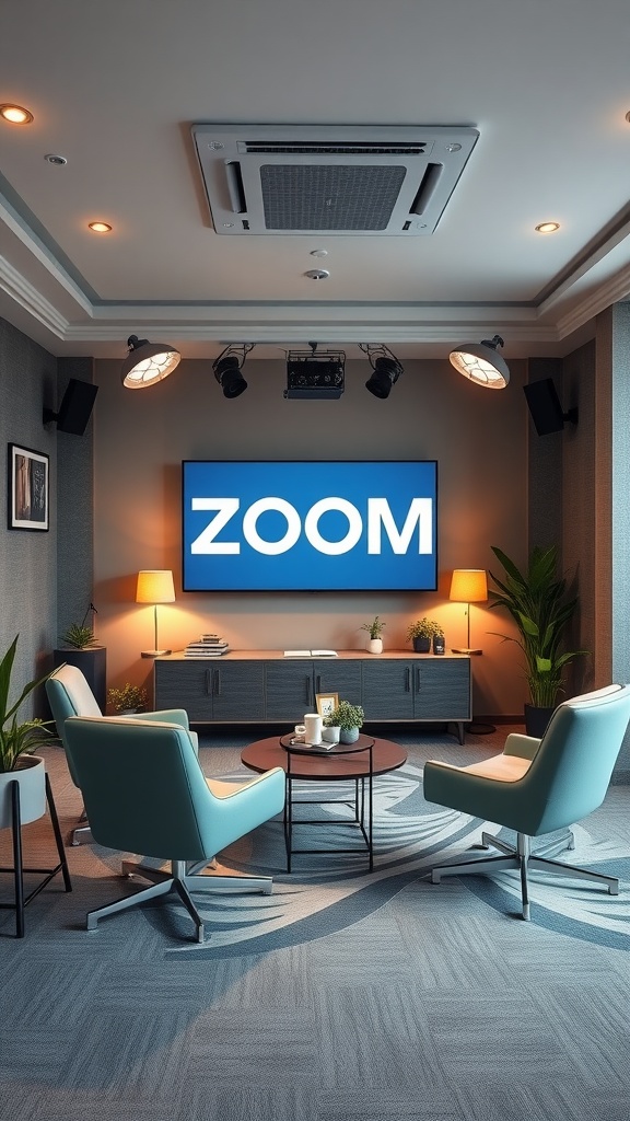 A cozy professional Zoom room featuring comfortable seating, plants, and a large screen displaying the Zoom logo.