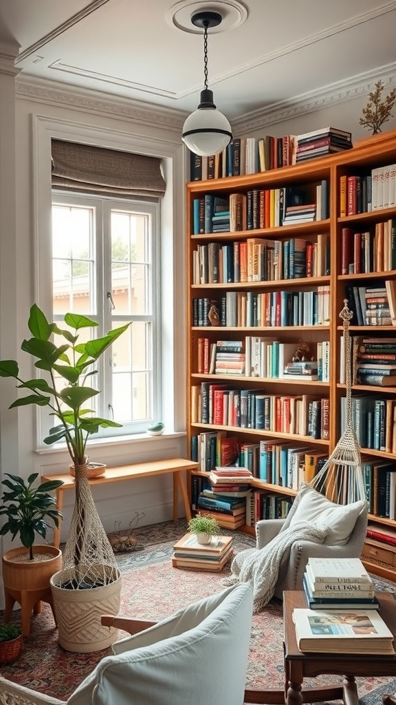 A cozy home library with bookshelves, plants, and a comfortable reading area.