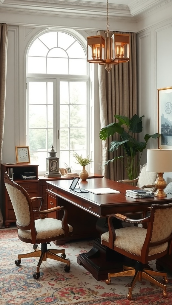 Elegant home office featuring a wooden desk, comfortable chairs, and sophisticated decor.