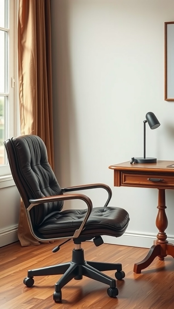 A stylish leather office chair next to a wooden desk in a well-lit home office.