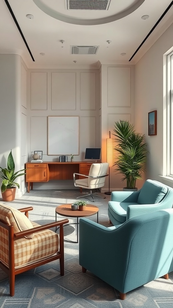 A cozy office space featuring a desk, comfortable chairs, and plants, designed for a peaceful work environment.