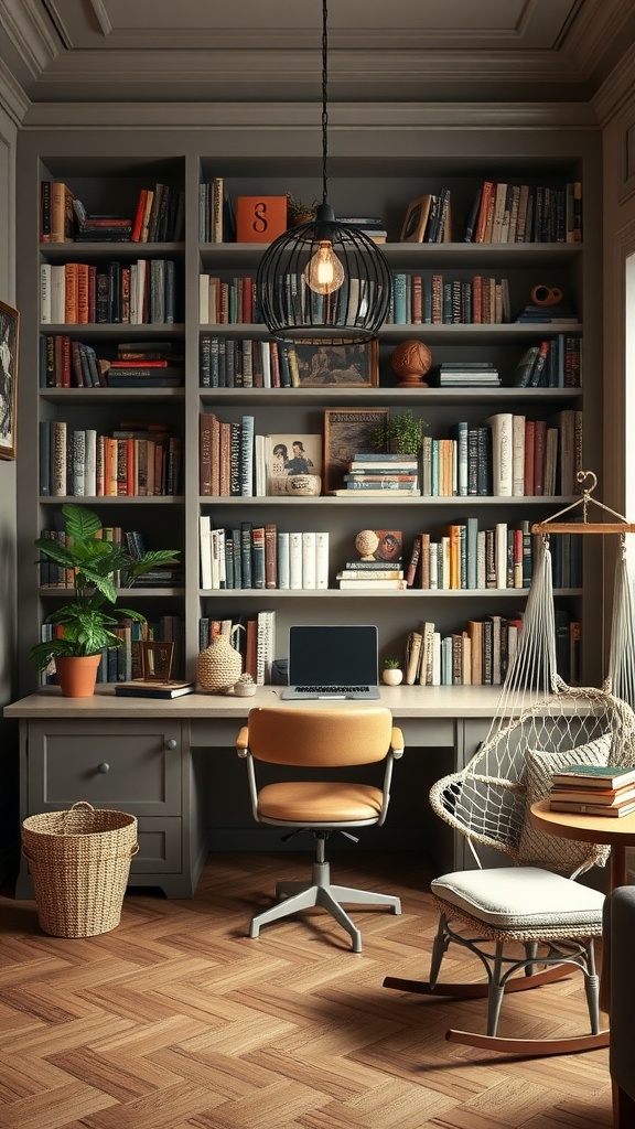 Cozy home library with bookshelves, a desk, and a comfortable chair.