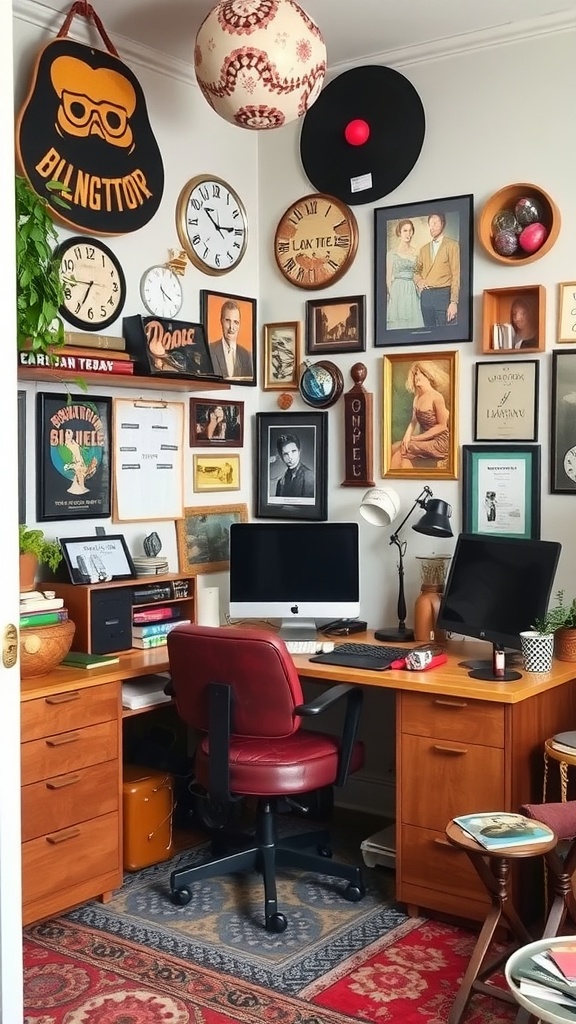 A quirky home office with colorful decor, personal items, and a functional desk setup.