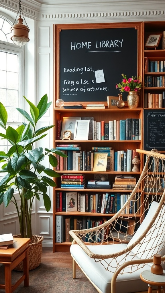 A cozy home library featuring wooden bookshelves filled with books, a comfortable chair, a chalkboard with a reading list, and plants.