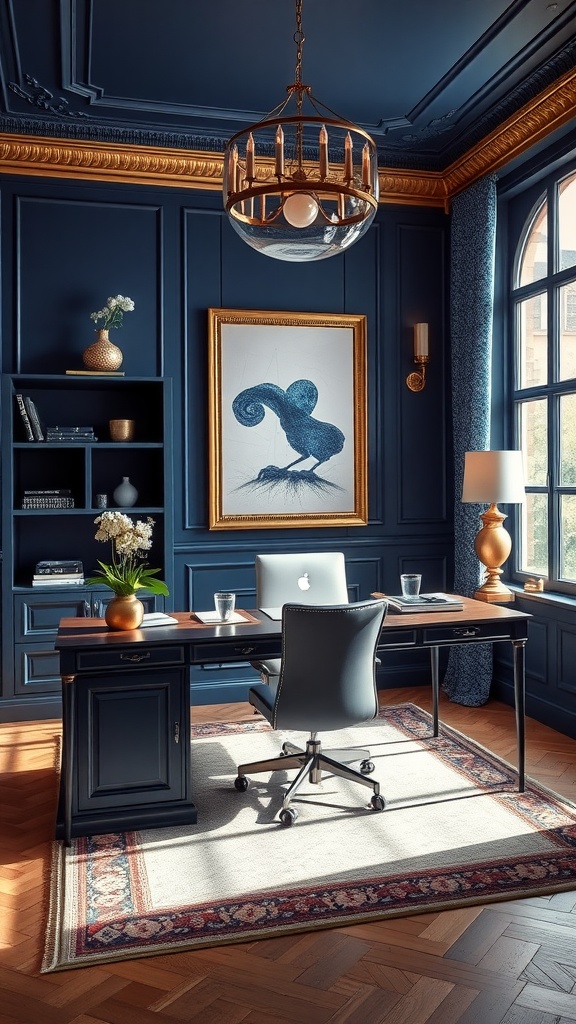 A luxurious home office featuring dark blue walls, classic furniture, and elegant decor.