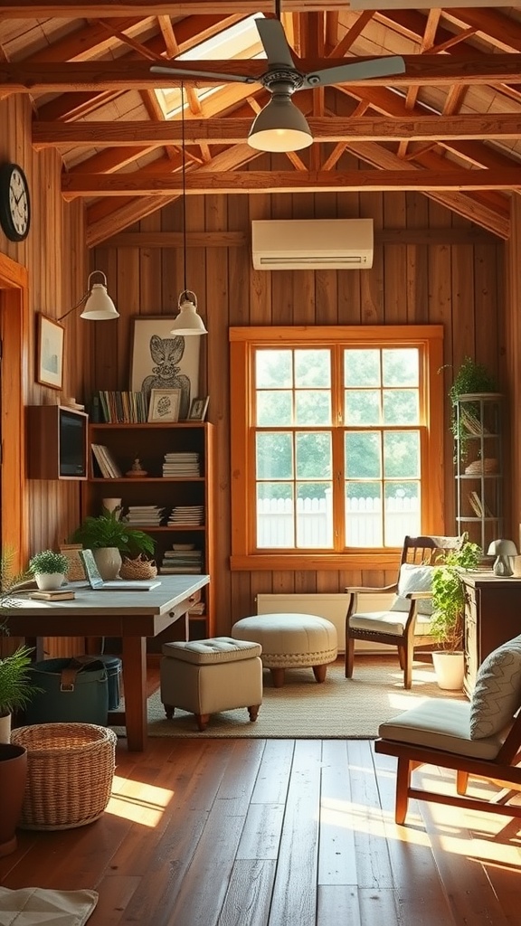 A cozy rustic home office with wooden walls, a desk, plants, and a comfortable chair