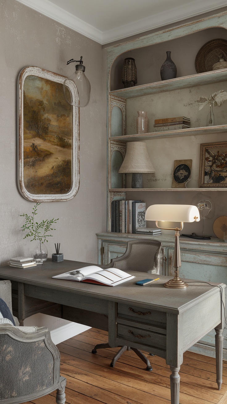 A cozy shabby chic office nook with floral wallpaper, a wooden desk, and stylish mirrors.