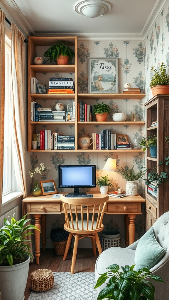 A cozy home office with repurposed wood shelves displaying books and plants, featuring a desk, computer, and soft decor elements.