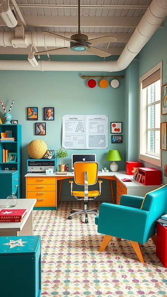 A colorful retro-inspired home office featuring a turquoise desk, orange chair, and playful decor.