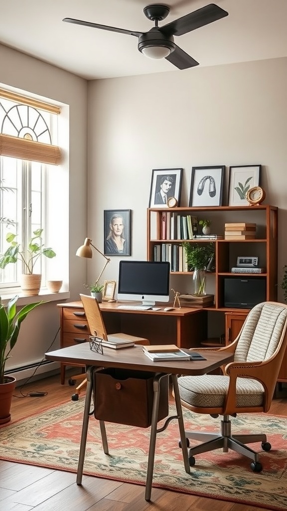 A cozy retro-modern fusion office with wooden furniture, a stylish desk, and decorative plants.