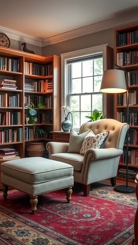 Cozy reading nook with a reupholstered armchair and bookshelves