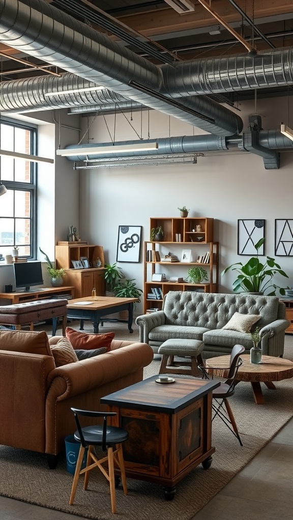 A stylish and cozy industrial office space featuring rugged furniture like a brown leather sofa, tufted chairs, and wooden tables.