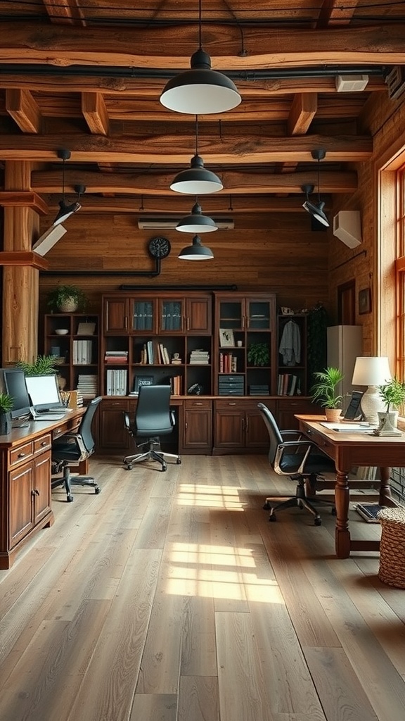 A modern rustic office featuring wooden furniture and warm tones, with a cozy atmosphere and natural decor elements.