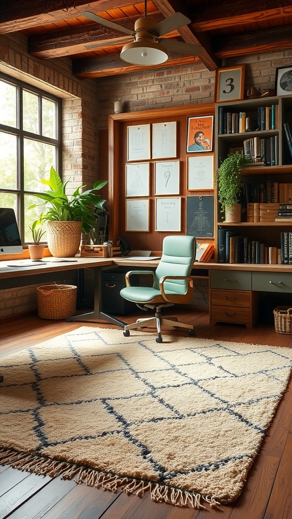 A rustic home office featuring a cozy area rug, wooden elements, and a plant, creating a warm workspace.