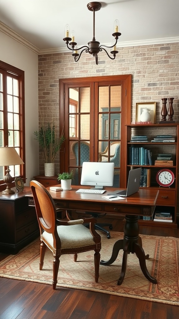 A rustic gentleman-style home office with a wooden desk, modern technology, and a warm color palette.