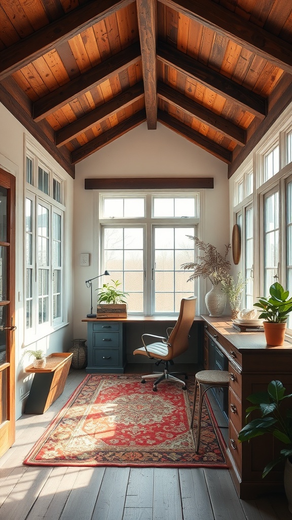 Cozy sunroom with wooden accents, a desk, chair, plants, and a patterned rug, designed for a home office