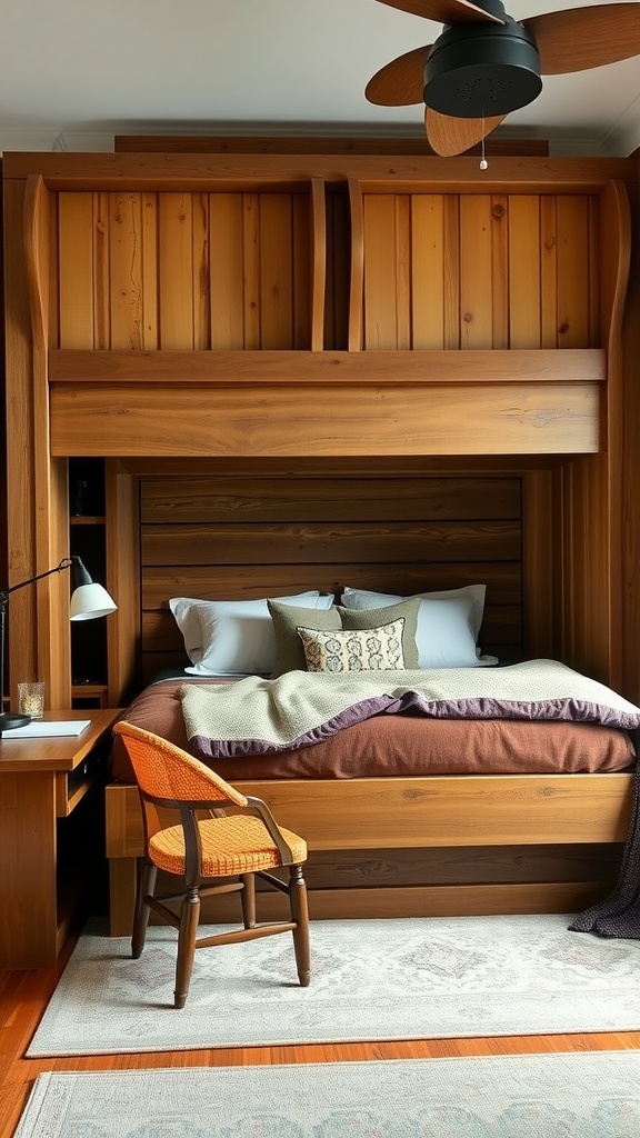 Rustic styled Murphy bed in a cozy room with wooden textures and bookshelves.