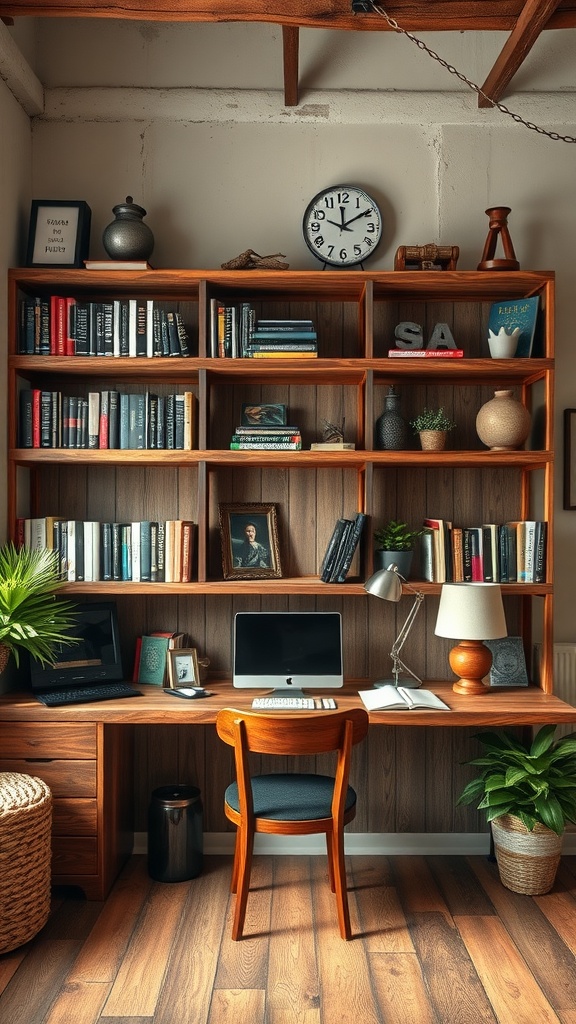 Cozy rustic office featuring reclaimed wood shelves with books and plants