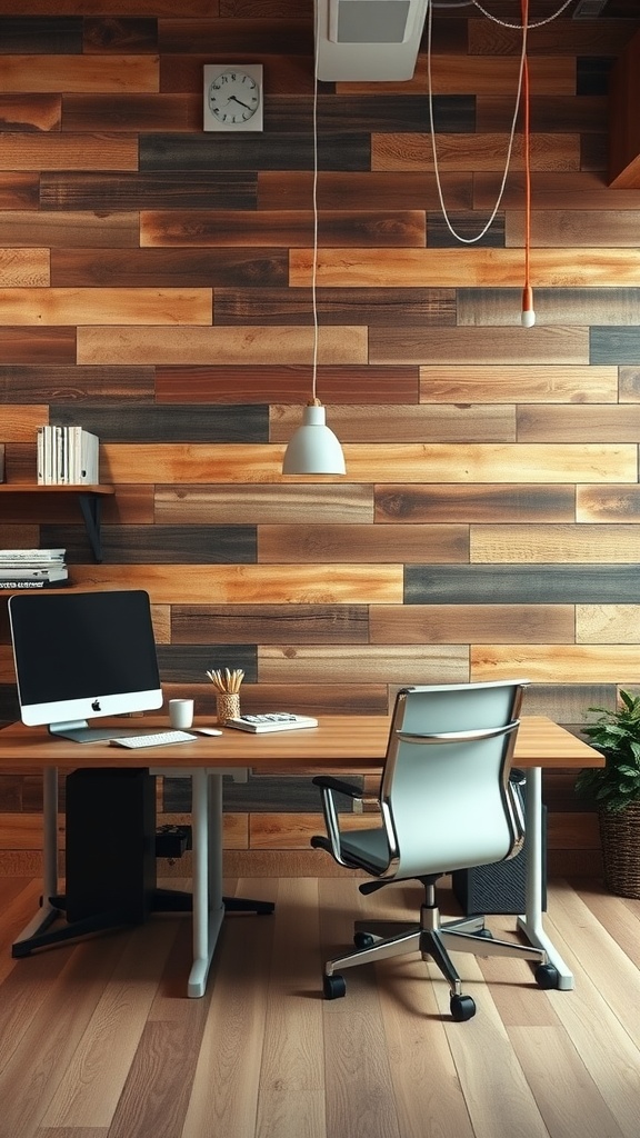 A modern rustic office with wood paneling on the walls, featuring a desk, computer, and stylish chair.