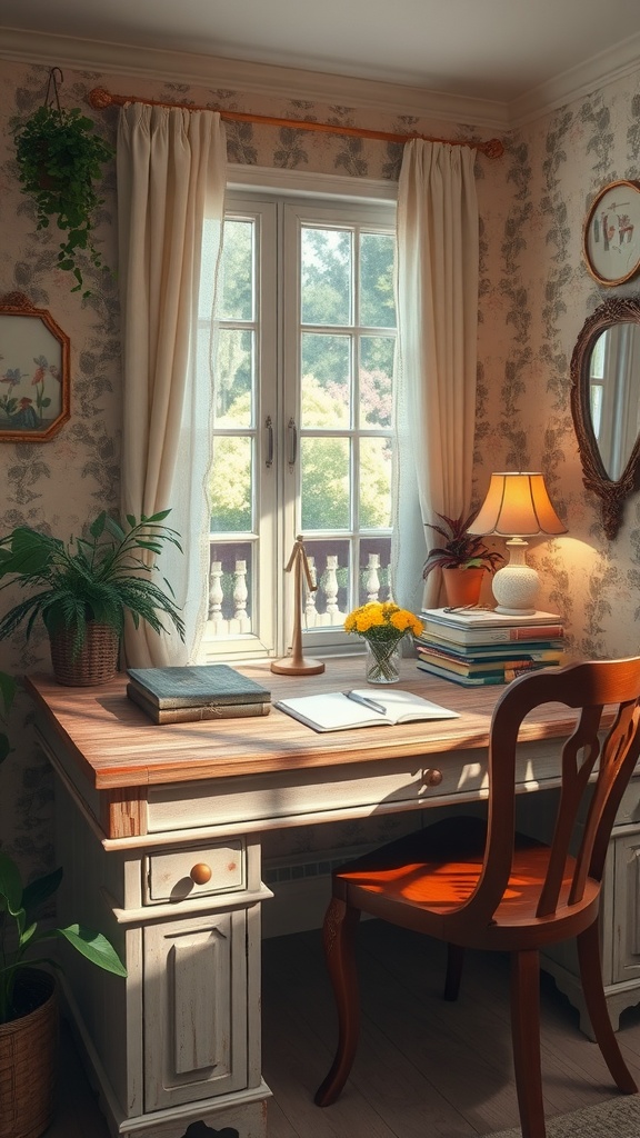 A rustic wooden desk with a chair, surrounded by light curtains and decorated with books and flowers in a cozy office nook.