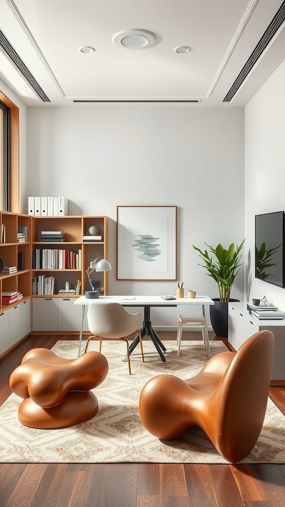 An office space featuring sculptural furniture with unique shapes, a desk, and bookshelf, designed for a creative workspace.