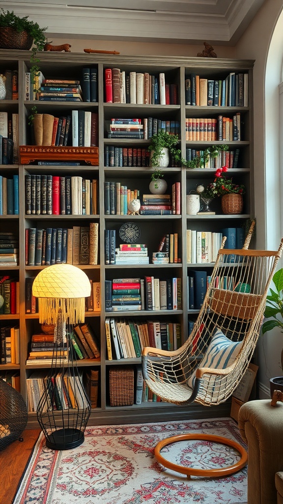 A cozy home library featuring a bookshelf filled with books, a comfortable hanging chair, and warm lighting.