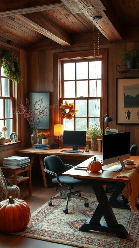 A rustic home office with wooden beams, plants, and seasonal decor.