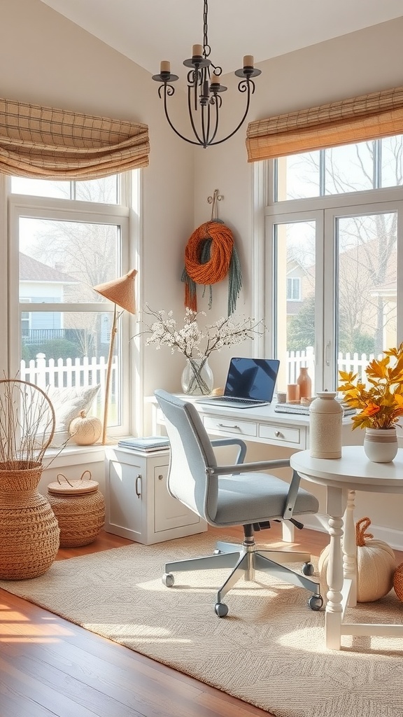 A cozy sunroom office with a white desk, comfortable chair, natural decor, and seasonal accents.