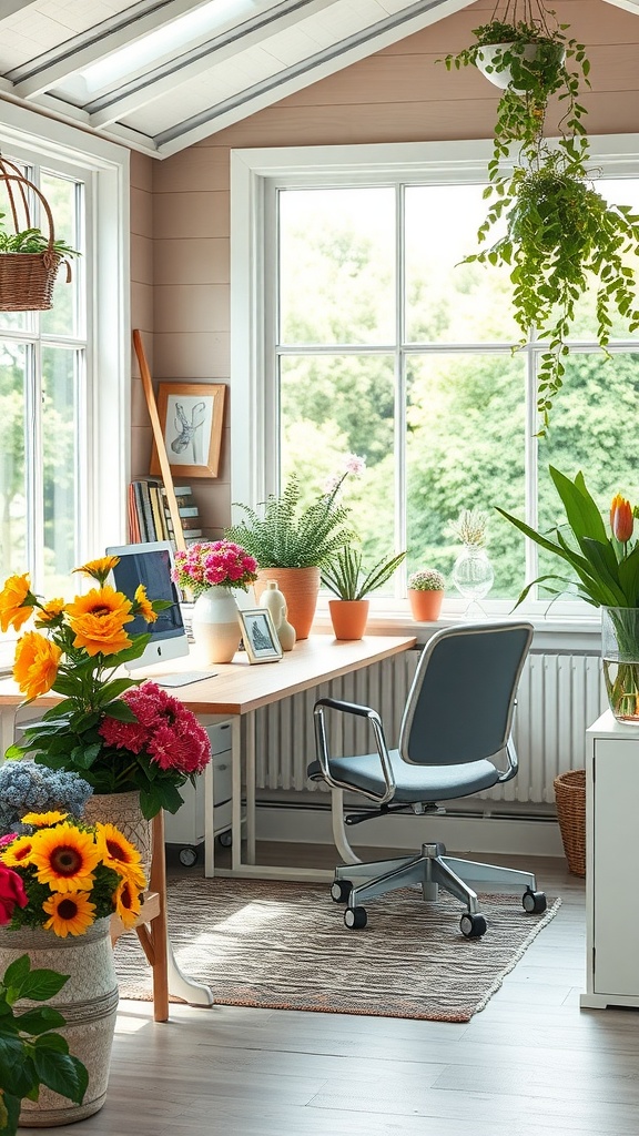 A bright sunroom with a desk, computer, and vibrant floral arrangements