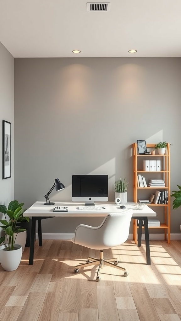 A minimalist office space with a white desk, modern chair, and plants, featuring soft gray walls.