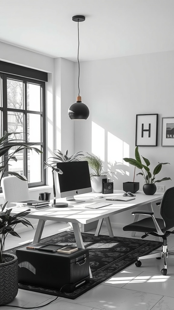 A serene monochrome office with a large desk, plants, and natural light