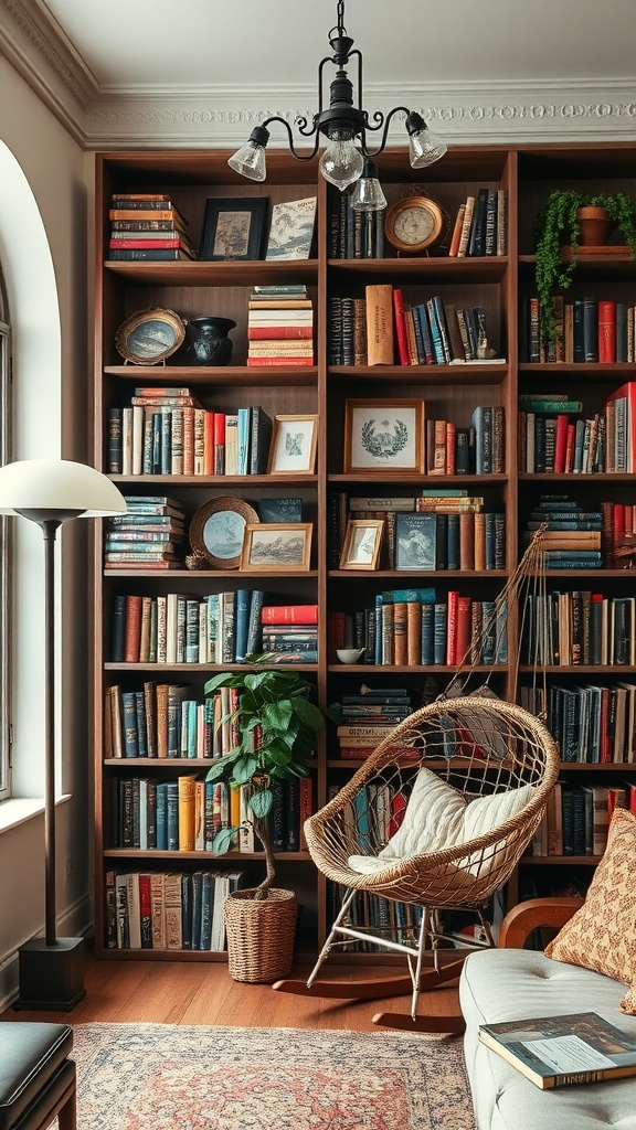 A cozy home library featuring stylish bookshelves filled with books and collectibles, a comfortable chair, and warm lighting.