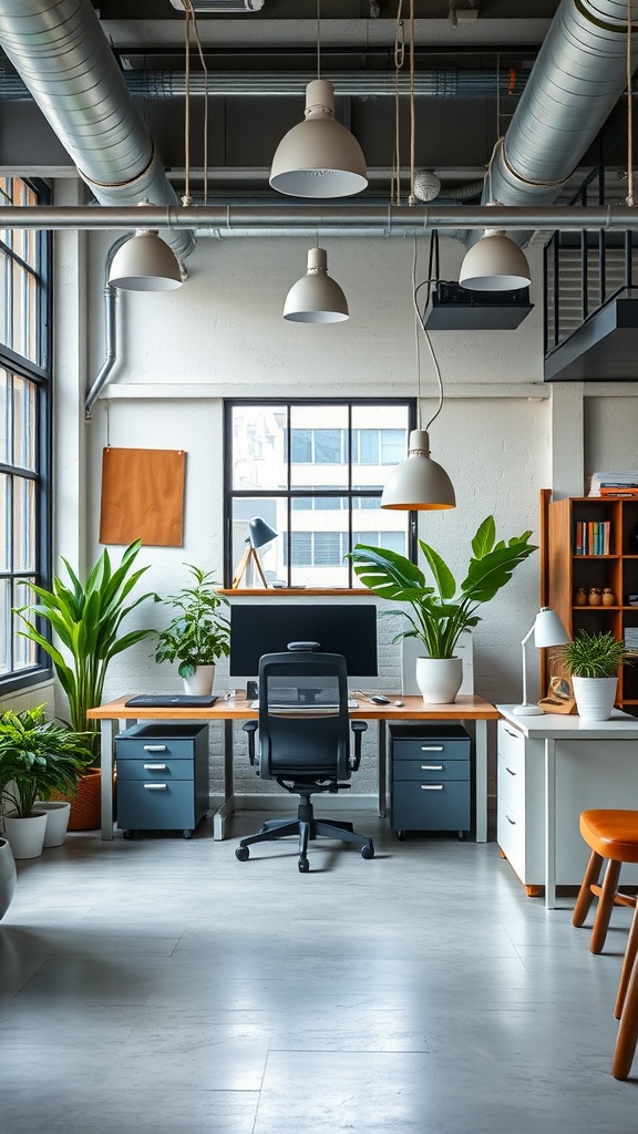 A modern industrial office space with greenery, a sleek desk, and large windows