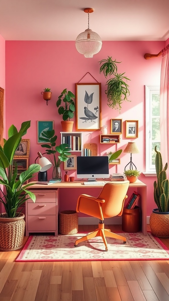 A vibrant, cozy boho office space with pink walls, desk, and various plants.