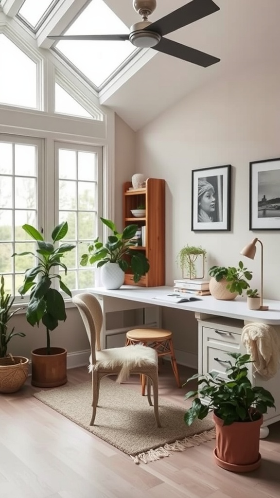 A well-designed sunroom office featuring a desk, plants, and large windows for natural light.