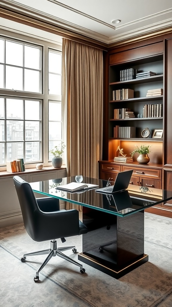 A modern office with a sleek glass desk and ergonomic chair, surrounded by warm wooden shelves.