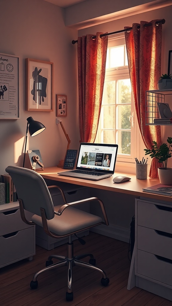 Cozy small office setup with a desk, chair, and warm curtains by a window