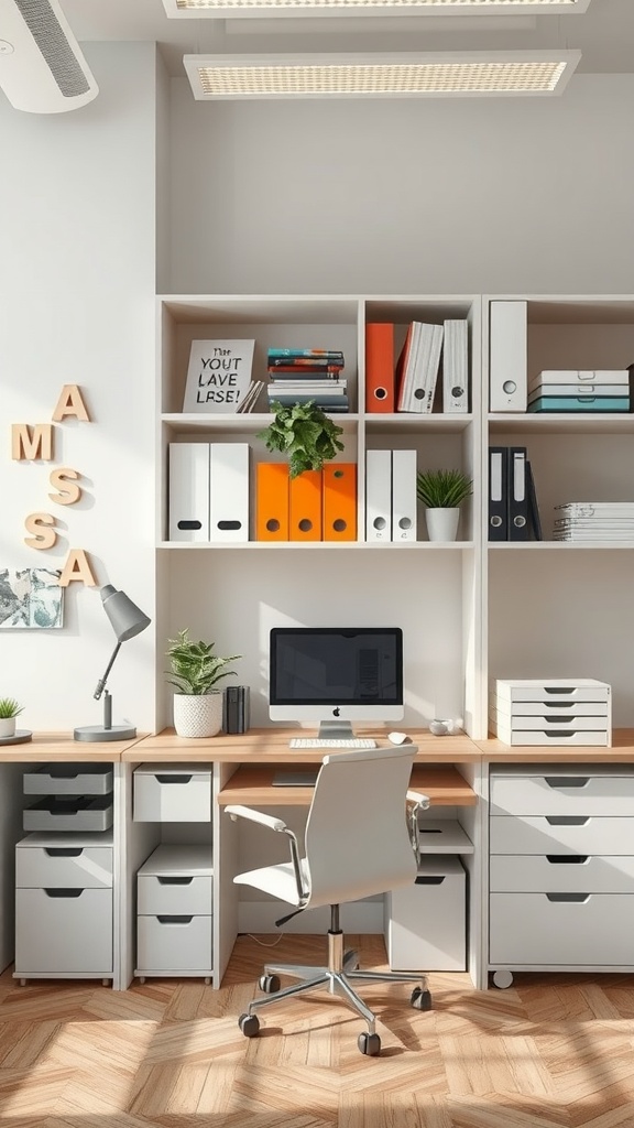 A modern small office setup featuring smart storage solutions, a desk, and organized shelves.