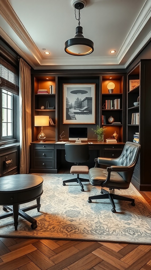 Modern home office with smart technology, featuring sleek furniture and natural light.