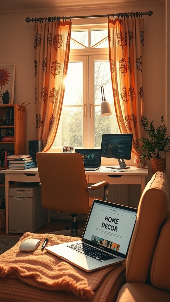 A cozy home office setup with soft lighting, featuring a l-shaped desk, laptop, and warm-colored curtains.