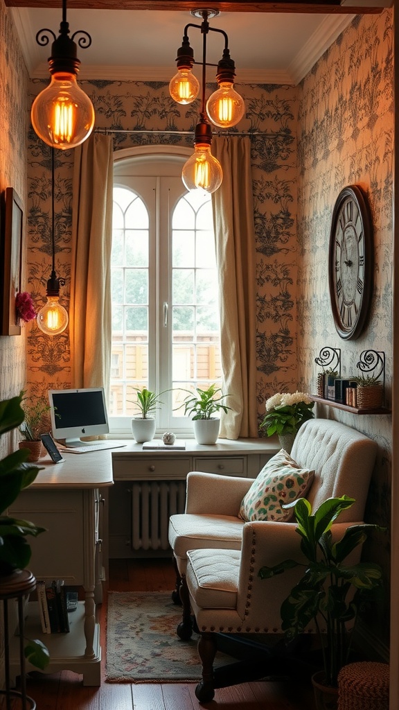 A cozy shabby chic home office featuring soft Edison bulb lighting, vintage decor, and a comfortable seating area.