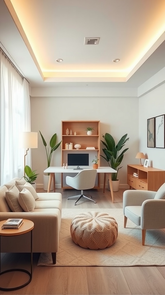 A cozy home office with soft pastel colors, comfy furniture, and decorative elements.