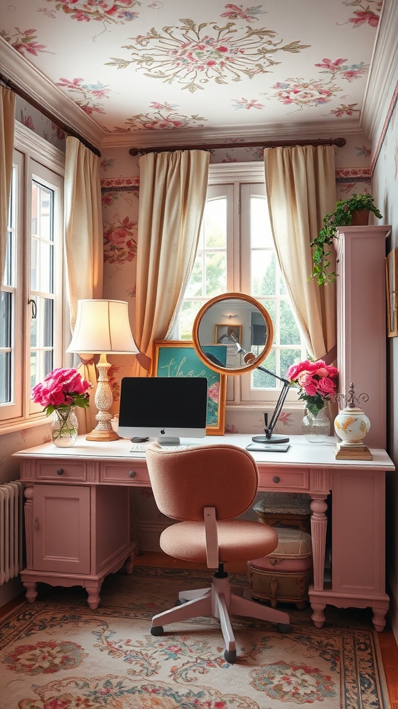 A cozy shabby chic home office nook featuring a pink desk, stylish curtains, and floral wallpaper, creating an inviting workspace.