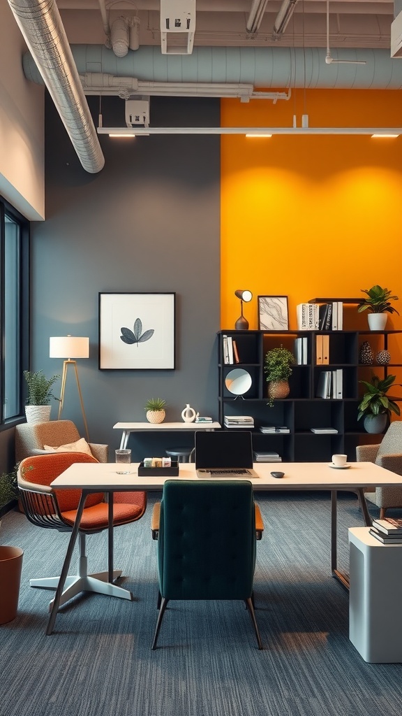 A stylish office space featuring color block walls in gray and orange, modern furniture, and well-organized desk