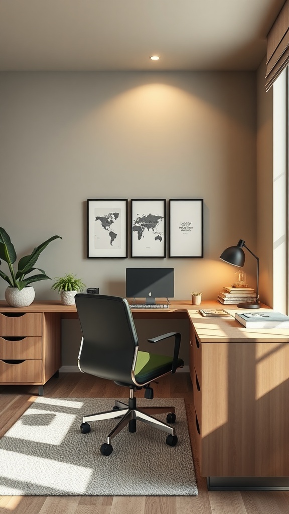 A modern office interior featuring a wooden desk, a swivel chair, and decorative elements.