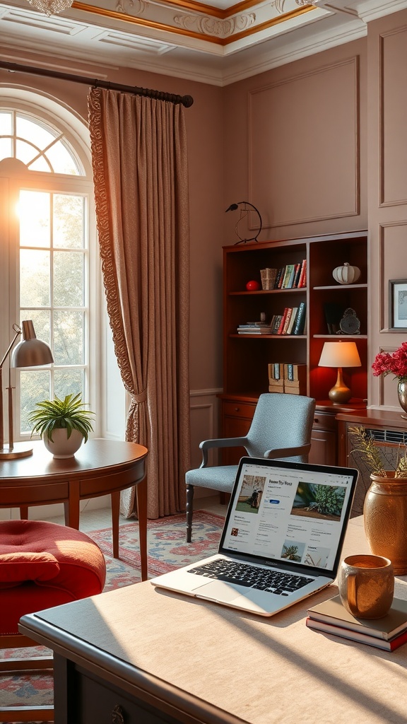 A sophisticated luxury home office setup with a cozy desk, warm colors, and elegant furnishings.