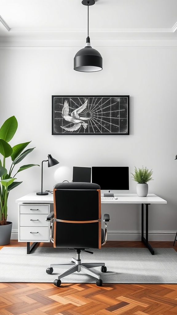 A modern minimalist home office with a sleek desk, black office chair, and potted plants.