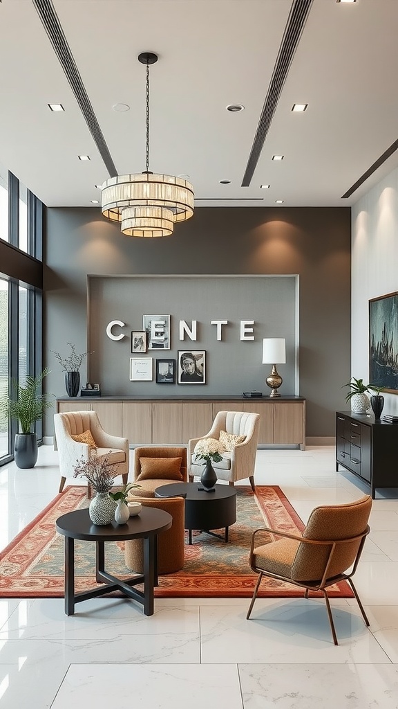 Sophisticated reception area with modern seating, elegant chandelier, and tasteful decor.