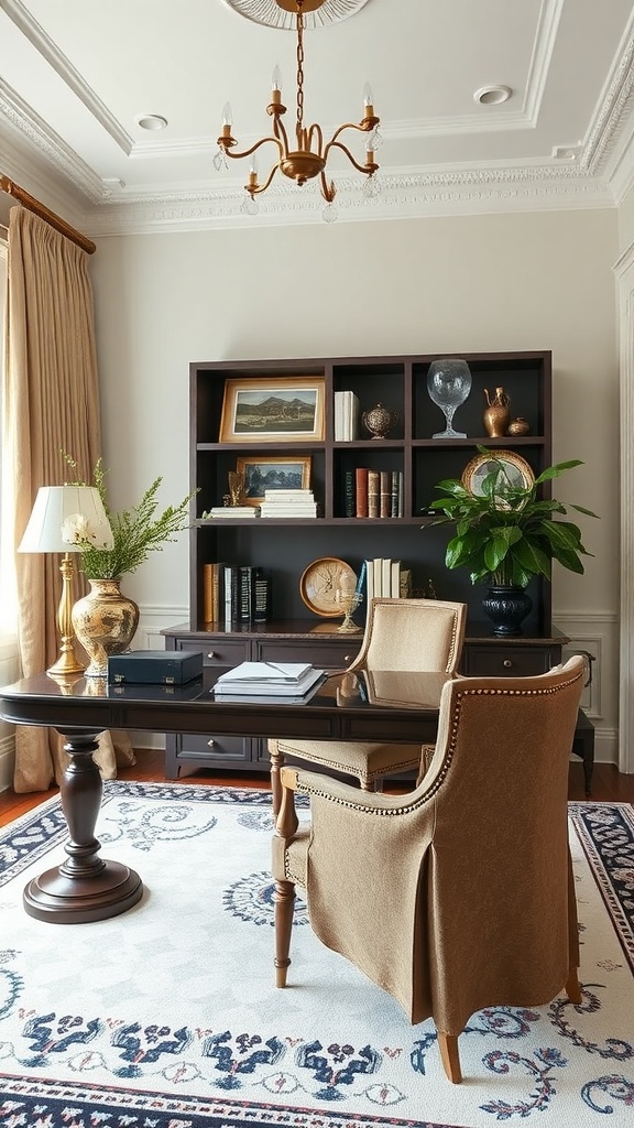 A modern home office setup featuring a sleek desk, stylish side table, and elegant decor.